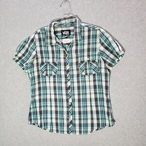 VANS Girls Top XL Green Plaid Western Button Up Collar Short‎ Sleeve